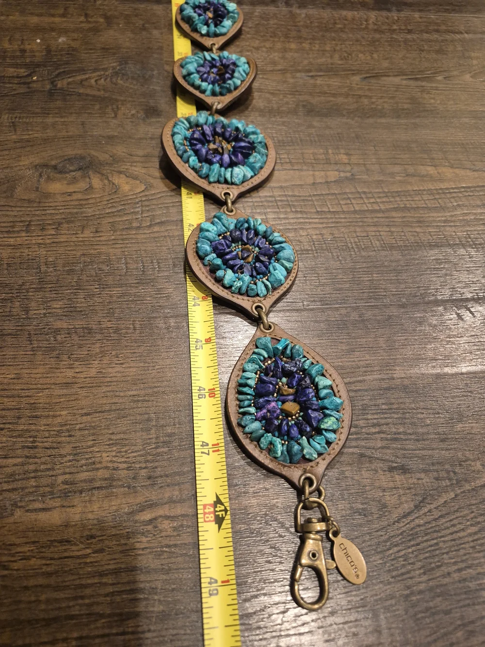 Chico’s Statement Chain Belt Turquoise Blue Beaded Medallion Boho Southwestern